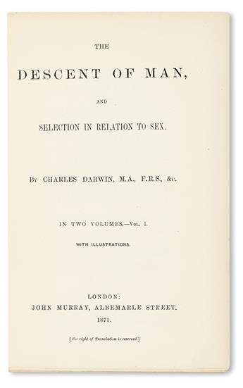 DARWIN, CHARLES. The Descent of Man.  2 vols.  1871